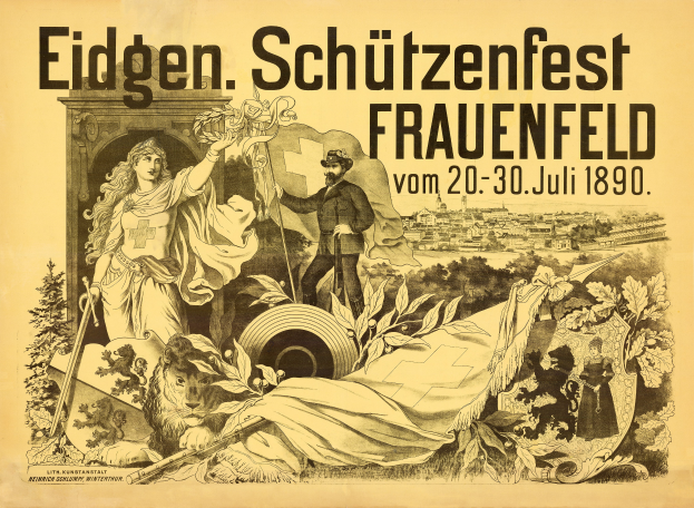 Ein altes Plakat, das das Eidgen Schützenfest in Frauenfeld, Deutschland bewirbt, zeigt einen Mann in einem Anzug und eine Frau in einem Kleid nebeneinanderstehend, mit Details des Ereignisses darauf geschrieben.