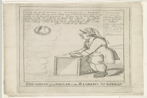 Eine Zeichnung einer Person, die vor einer Kiste steht und ängstlich nach oben schaut, mit dem Text "Der Geist eines Dollars oder die Überraschung der Banker" darüber.