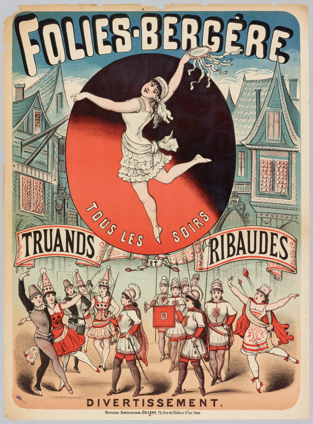 Ein Plakat, das ein Tanzshow in Paris, Frankreich, bewirbt, zeigt eine Gruppe von Menschen, die im Vordergrund tanzen, mit Gebäuden im Hintergrund und Text, der die Show beschreibt.