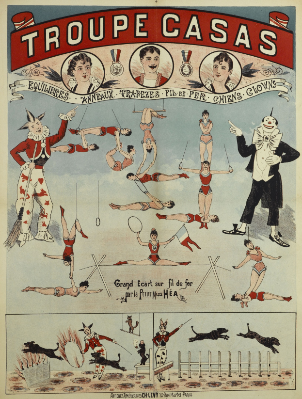 Plakat, das die 'Troupe Casas' Zirkus in Paris ankündigt, mit Performern in farbenfrohen Kostümen und Masken sowie Tierbildern.