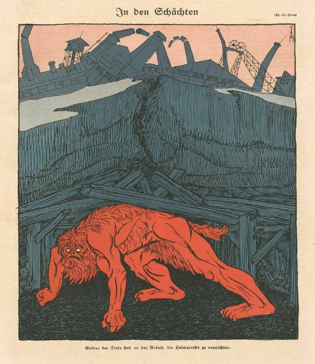 Illustration eines bedrohlichen Werwolfs in Kampfstellung vor einem schmutzstarrenden Fabrikgelände unter einem tiefblauen Himmel, mit einem Plakat im Vordergrund, das das Bild des Werwolfs und eine fette Schrift enthält.