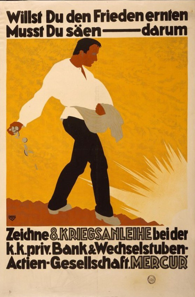 Deutsches Propagandaplakat für die Deutsche Bank mit einem Mann in weißem Hemd und schwarzen Hosen sowie Text über die Bankdienste.