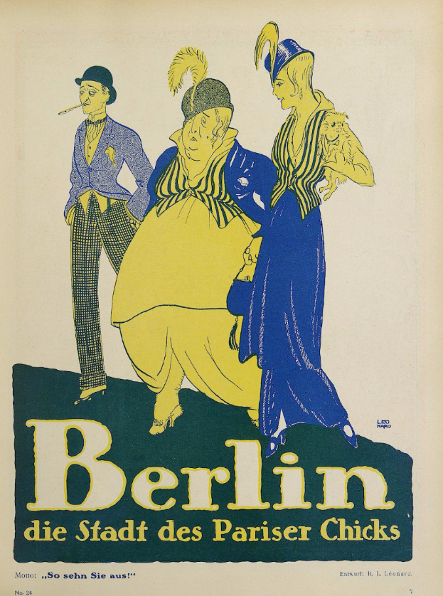 Ein Plakat für ein Konzert in Berlin, Deutschland, mit einer Gruppe von Menschen in bunter Kleidung vor einem Gebäude mit dem Text "Berlin - Die Stadt des Pariser Chicks" oben.