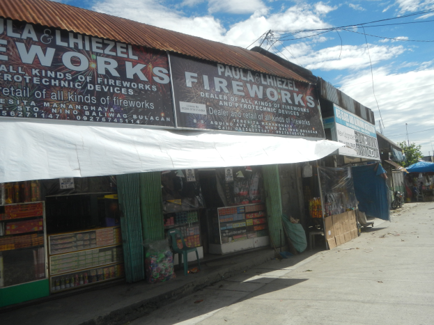 Ein Geschäft mit einer "Feuerwerk"-Schriftzug, umgeben von verschiedenen Gegenständen und Gebäuden, mit Bäumen, Polen, Drähten und einem bewölkten Himmel im Hintergrund.