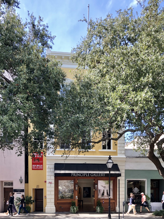 Gruppe von Menschen, die auf einem Bürgersteig vor der Principle Gallery in Charleston, SC, mit Topfpflanzen, einer Straßenlaterne, einem Schild, einer Fahne, einem Flaggenmast und einem bewölkten Himmel gehen.