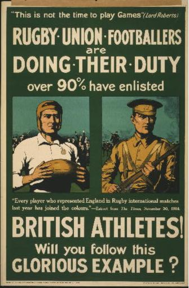 Ein Vintage-Plakat mit zwei Rugby-Union-Fußballern, mit Text, der ihre Einberufung ankündigt und darauf hinweist, dass über 90% der britischen Athleten eingezogen sind.