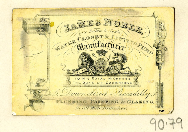 Visitenkarte für James Noble Water Closet & Lifting Pump Manufacturer mit Text, der das Produkt und seine Funktionen beschreibt.