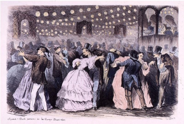 Eine Gruppe von Menschen, die in einem Ballsaal tanzen, mit Text unten, der 'Madame Baille Nacional en la Campagne Bleuet, 1860' lautet.