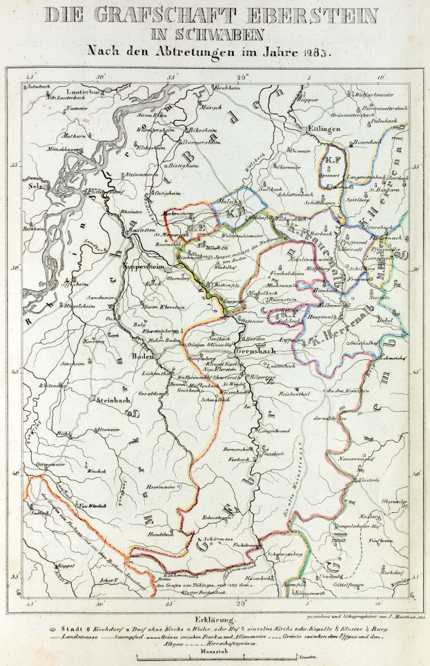 Ein detaillierter Stadtplan von Grafische Eberstein in Schwaben, Deutschland, der geographische Merkmale wie Flüsse, Berge und Städte zeigt, mit Text oben und unten.