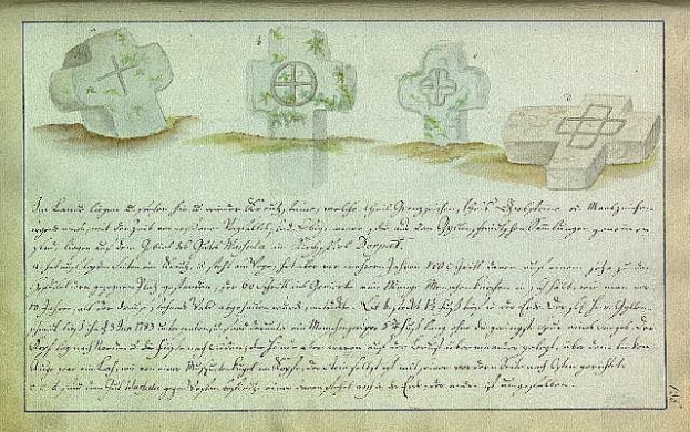 Alter deutscher Familienschrieb von 1823 mit vergilbtem Papier, das drei detaillierte keltische Kreuze in Schreibschrift zeigt.