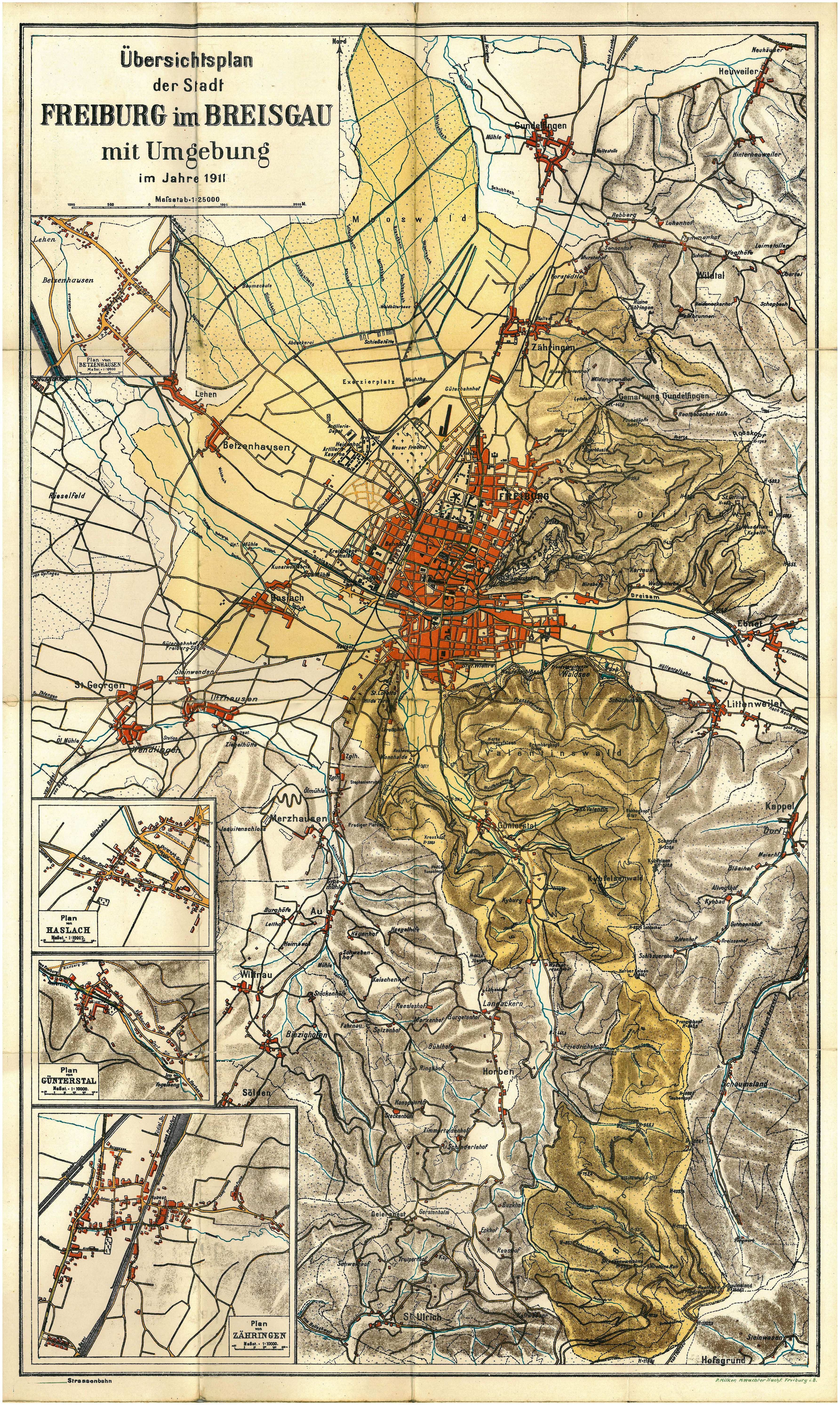 Ein detaillierter alter Stadtplan von Freiburg, Deutschland, mit Straßen, Gebäuden und Sehenswürdigkeiten und Text oben und unten.