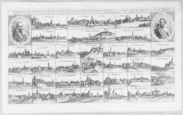 Eine Schwarz-Weiß-Zeichnung von Köln, Deutschland, mit zahlreichen Gebäuden, begleitet von Text und Bildern, die die Geschichte der Stadt erzählen.
