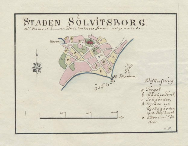 Ein detaillierter Stadtplan von Staden Solvitsborg, Schweden, der Straßen, Gebäude, Sehenswürdigkeiten und Text enthält, der Informationen über die Bevölkerung und bemerkenswerte Merkmale der Stadt bereitstellt.