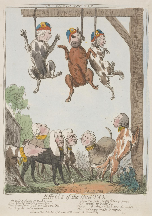 Ein Blatt Papier mit einer Zeichnung von Menschen und Tieren, darunter ein Hund, der an einem Holzpfahl hängt, zusammen mit Text, der wahrscheinlich eine Hundesteuer beschreibt.