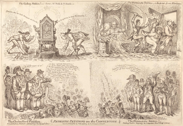 Eine handgezeichnete Illustration einer Gruppe von Menschen in einem Raum, einige halten Gegenstände, mit dem Text "Patriotische Petitionen auf der Versammlung" unten.