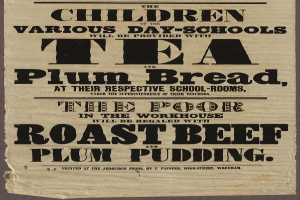Ein Blatt Papier mit der Aufschrift "Die Kinder der verschiedenen Tagesschulen werden mit Tee, Pflaumenbrot und Roastbeef und Pflaumenpudding versorgt"