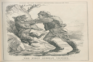 Ein aufgeschlagenes Buch mit einer Zeichnung eines Mannes mit Hut und einem Hund daneben, mit der Aufschrift 'Die erste deutsche Niederlage' auf dem Cover.