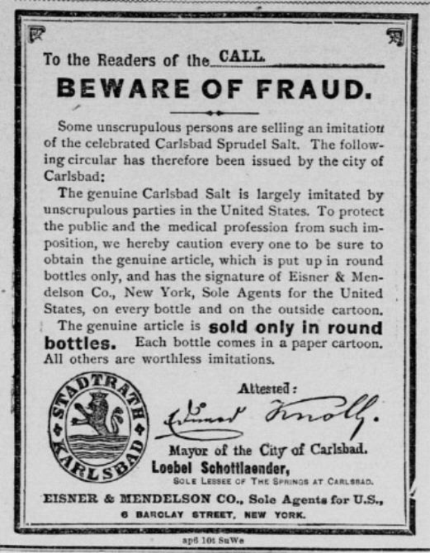 Ein schwarz-weißes Plakat mit einer Betrugswarnung, das den Text 'Carlsbad Spruud Salt' und ein Firmenlogo zeigt.