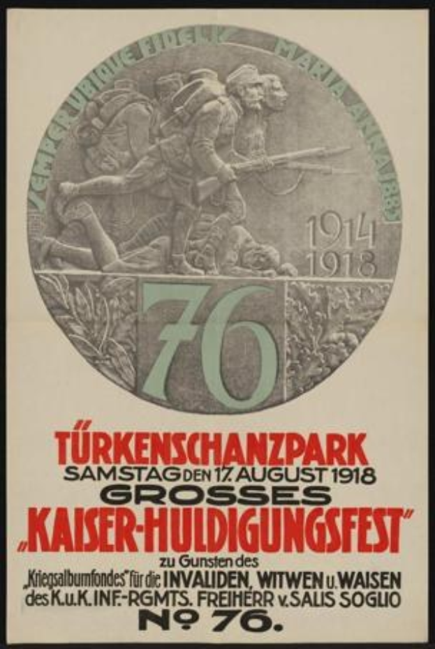 Plakat zum 70-jährigen Jubiläum des Kaiser-Huldigungsfests in Berlin, Deutschland, mit einer Gruppe von Menschen in der Mitte, umgeben von Text und Zahlen, in einem Foto Rahmen.
