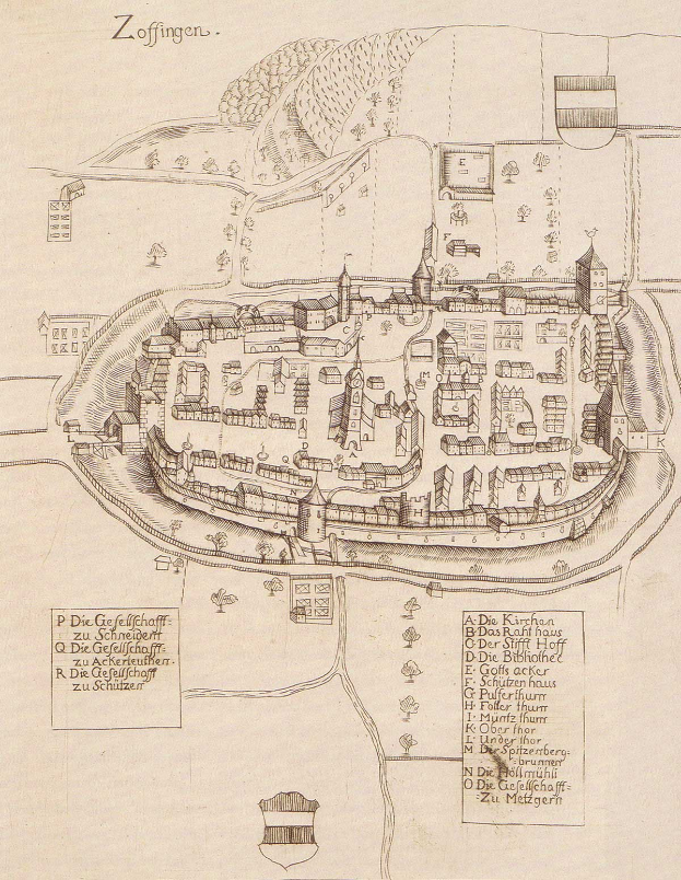 Ein altes, detailliertes Stadtplan von Zoffingen, Deutschland, das die Stadtlayout mit Straßen, Gebäuden und Bäumen zeigt, begleitet von beschreibendem Text.