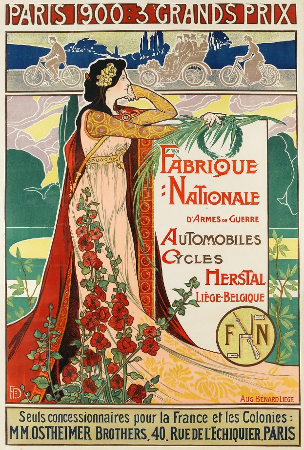 Plakat für ein Fahrradrennen in Paris mit einer Frau in rotem Kleid und Blumen im Hintergrund.