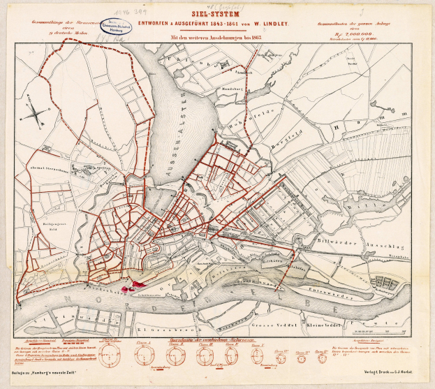Ein altes Stadtplan von Hamburg, Deutschland, mit roten Linien, die den Siel-System-Route markieren, auf einem Papier mit handgeschriebener Text.