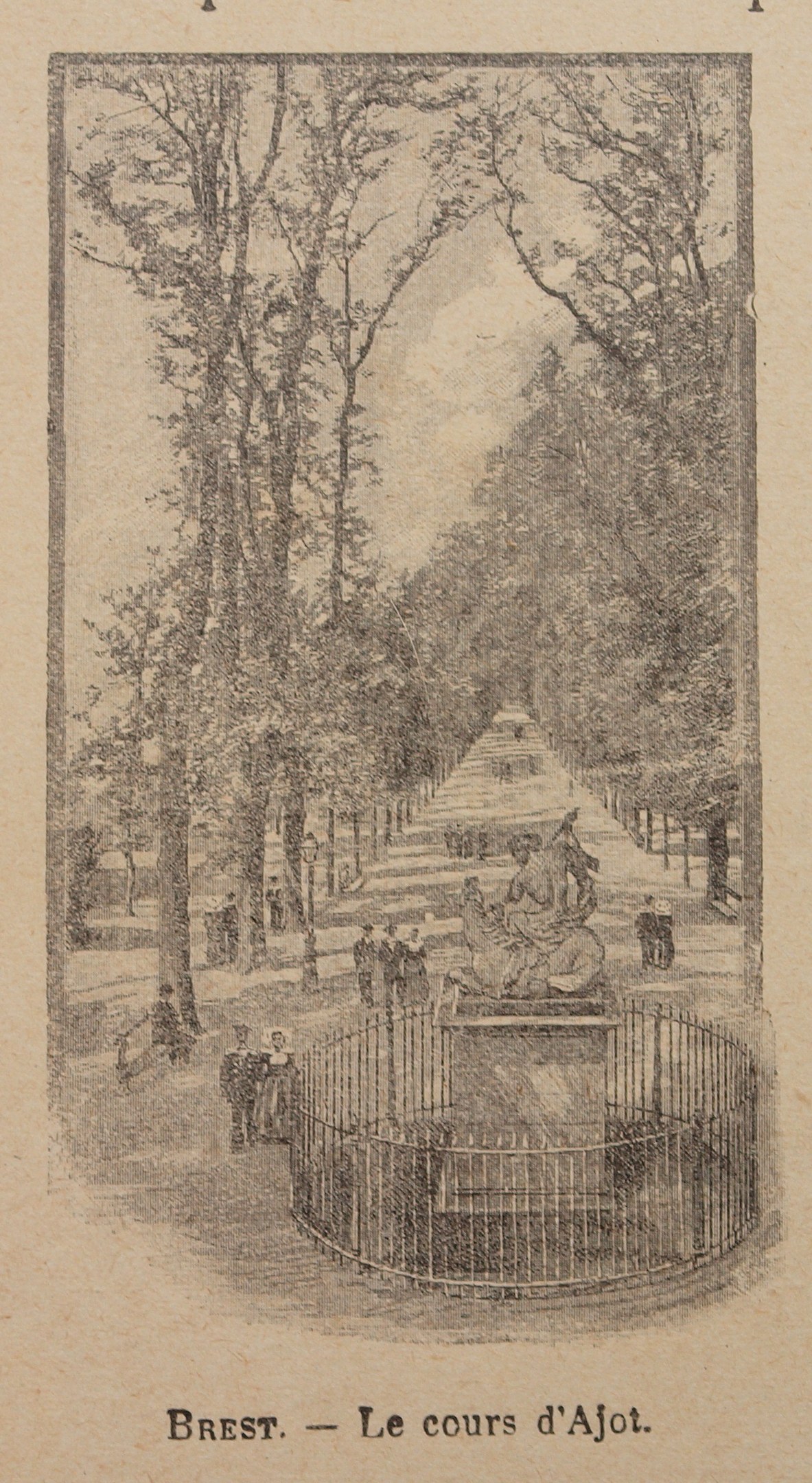 Alter Buchumschlag mit einer detaillierten Illustration eines Parks mit hohen Bäumen, Menschen auf einem Weg, einem Zaun und Text über die Geschichte und Kultur des Parks.