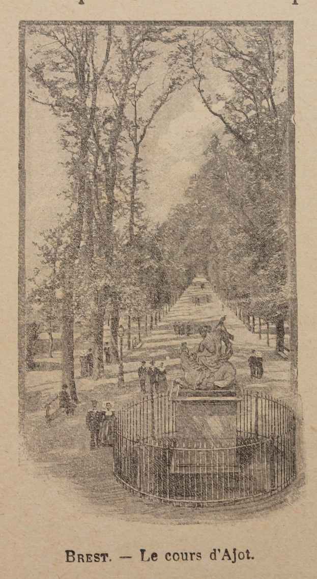 Alter Buchumschlag mit einer detaillierten Illustration eines Parks mit hohen Bäumen, Menschen auf einem Weg, einem Zaun und Text über die Geschichte und Kultur des Parks.