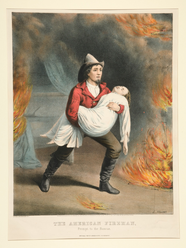 Amerikanischer Feuerwehrmann trägt Frau durch Feuer und Rauch, mit Text "Der amerikanische Feuerwehrmann, schnell zur Stelle" unten.