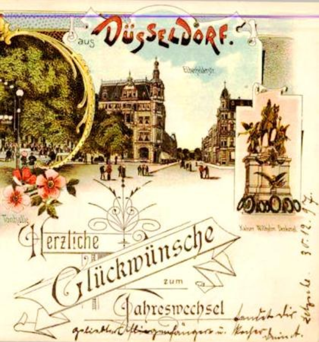 Alte Ansichtskarte zeigt eine Stadtlandschaft mit Gebäuden, Bäumen, Menschen, Blumen und einer Statue, mit handgeschriebener Text auf der Rückseite.