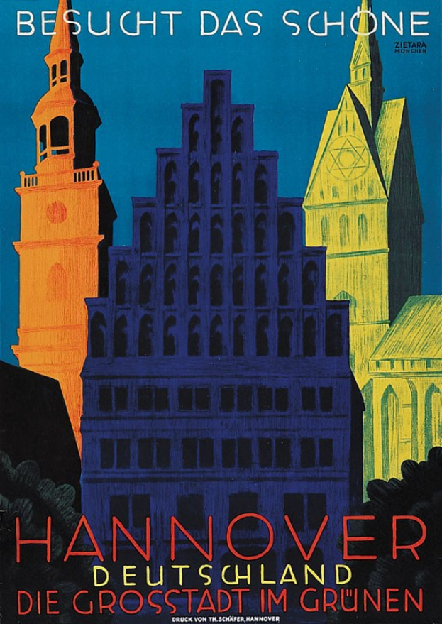Plakat, das Hannover, Deutschland, mit einigen Gebäuden und Bäumen und Texten zur Informationsbereitstellung bewirbt