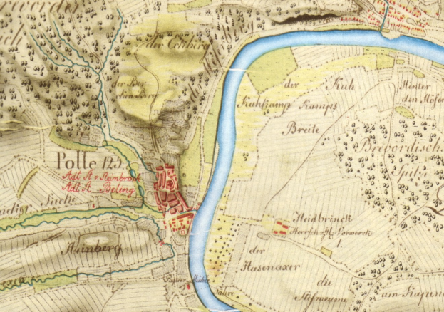 Detailierte alte Karte von Polle, Deutschland, mit einem Fluss, Straßen, Gebäuden und anderen Merkmalen.