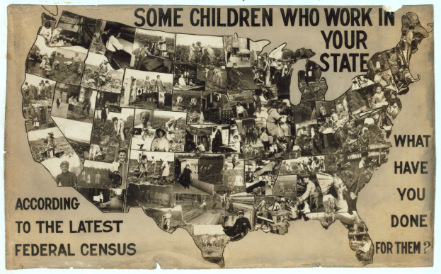 Ein Plakat mit einer Karte der Vereinigten Staaten, Bilder von Menschen und dem Text "Einige Kinder, die in Ihrem Bundesstaat arbeiten, laut der letzten Volkszählung".