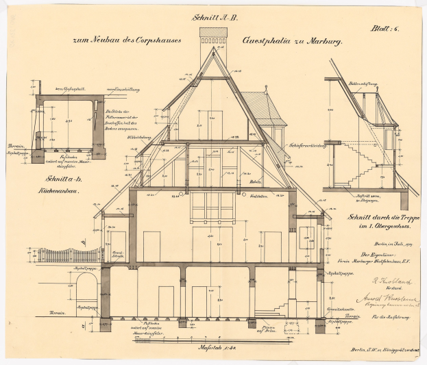 Schwarze-weiß-Architekturzeichnung eines Hauses mit zahlreichen Fenstern und einem Dachfirst, beschriftet als Deutschlands erstes Haus, begleitet von detaillierten Plänen und Text.