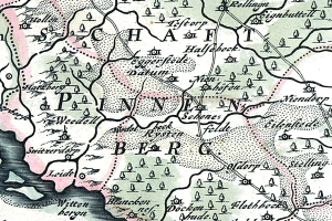 Detailiertes altes Stadtplan von Painen, Deutschland, zeigt Straßen, Gebäude und Sehenswürdigkeiten mit begleitendem Text.