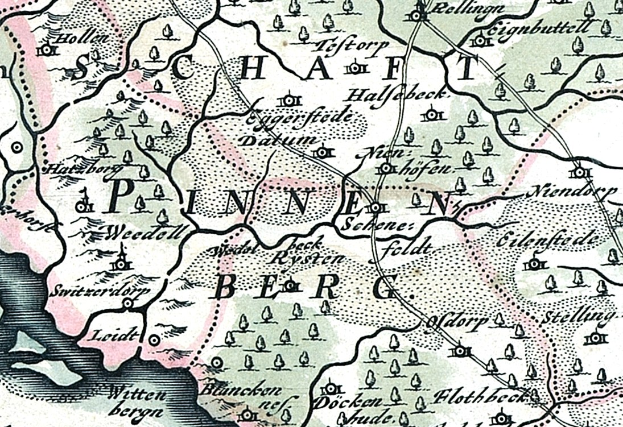 Detailiertes altes Stadtplan von Painen, Deutschland, zeigt Straßen, Gebäude und Sehenswürdigkeiten mit begleitendem Text.