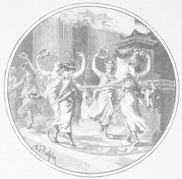 Schwarzer und weißer Zeichnung von Frauen in bunten Kleidern, die mit erhobenen Armen tanzen, vor einem hohen Gebäude mit einem großen Torbogen.