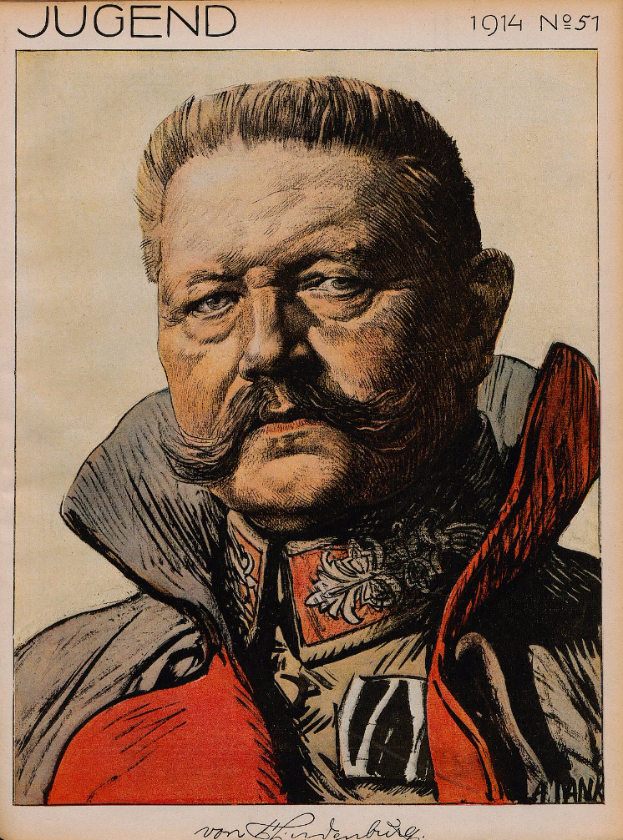 Eine alte Postkarte mit einer Zeichnung eines Schnauzbart tragenden Mannes, der als Jugend, ein deutscher General aus dem Ersten Weltkrieg, identifiziert wird, mit zusätzlichen Informationen im Text.
