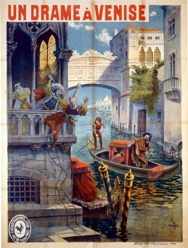 Ein Filmplakat, das Menschen in einem Boot auf dem Wasser zeigt, mit Gebäuden, Bäumen und einer Brücke im Hintergrund, und einem Text, der den Film beschreibt.