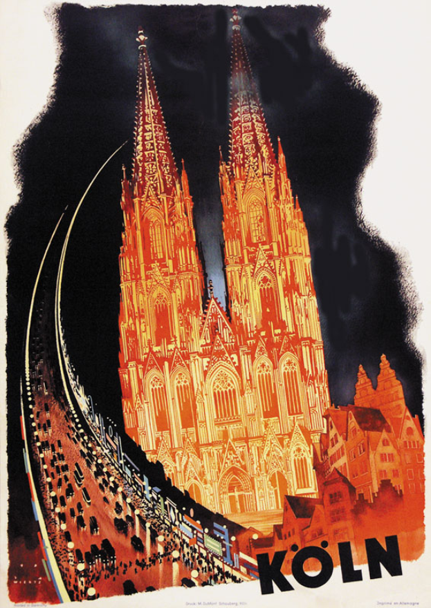 Ein Plakat, das eine Bahnstation in Köln, Deutschland, bewirbt und eine detaillierte Illustration des Kölner Doms mit seinen markanten Spitzen und feinen Details zeigt, zusammen mit Text, der Informationen über die Station und ihre Dienstleistungen bereitstellt.