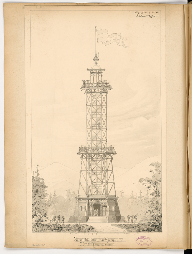 Ein aufgeschlagenes Buch mit einer Zeichnung eines Turms mit einer Fahne darauf, umgeben von Bäumen und Menschen, mit der Aufschrift "Auschwitz-Birkenau-Turm" auf der Seite.