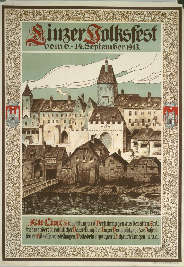 Alter deutscher Festplakat mit Burg-Illustration umgeben von Häusern und Text.