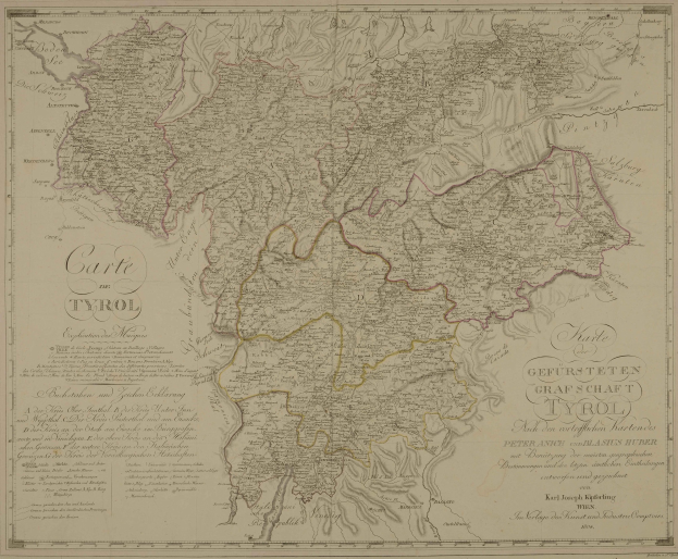 Alte detaillierte Karte von Tirol, Deutschland, mit Städten, Dörfern, geografischen Merkmalen und Text mit Bevölkerungsangaben, Straßen und Sehenswürdigkeiten.