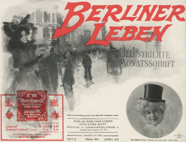 Eine Frau mit Zylinder und ein Mann im Anzug sind in einer Werbung für das Berliner Leben Theater zu sehen, mit Text, einem Stempel und Gebäuden im Hintergrund.