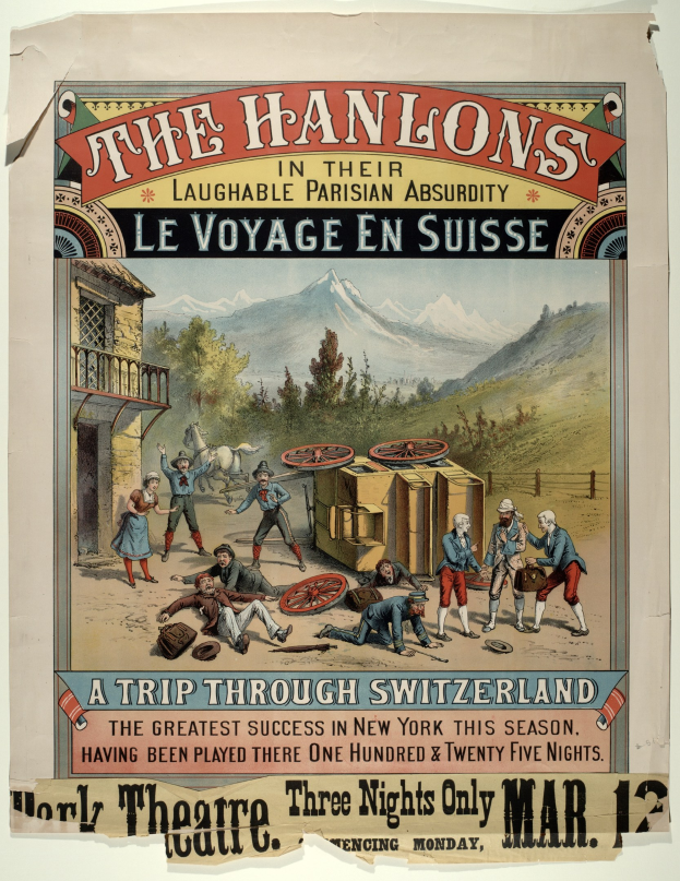 Plakatankündigung "Hanlons in ihrer lachhaften Pariser Absurdität Le Voyage en Suisse", das eine Gruppe von Menschen, ein Gebäude, Bäume, Hügel und Himmel mit Text zeigt.