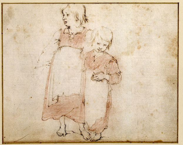 Zwei Kinder stehen Seite an Seite auf einem leicht zerknitterten Papier, ihre Gesichter und Kleidung sind in gedämpften, erdigen Tönen detailliert, mit einem Kind, das seinen Arm um die Schulter des anderen legt und friedliche Gesichter.