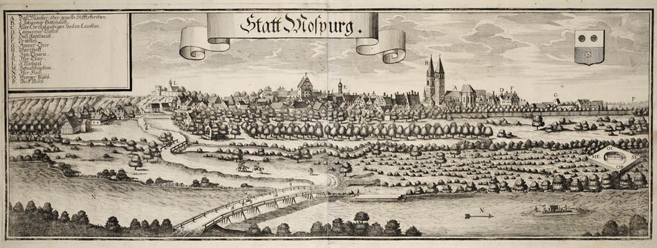 Stich von Stuttgart, Deutschland, mit einer Brücke, Bäumen, Gebäuden, Booten und einem bewölkten Himmel, mit deutschem Text oben.
