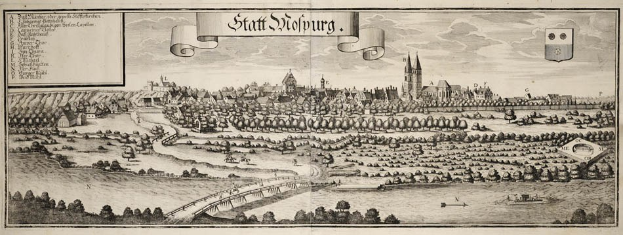 Stich von Stuttgart, Deutschland, mit einer Brücke, Bäumen, Gebäuden, Booten und einem bewölkten Himmel, mit deutschem Text oben.