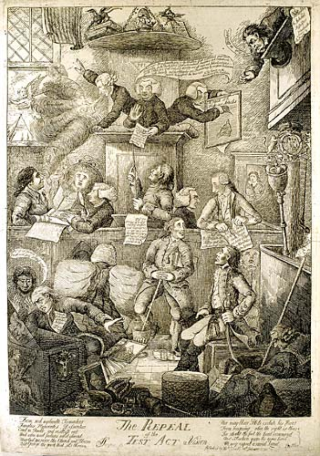 Eine Gravur einer Gruppe von Menschen, die um einen Tisch in einem Raum sitzen, einige halten Papiere mit der Inschrift "Die Aufhebung des Test Act" unten.