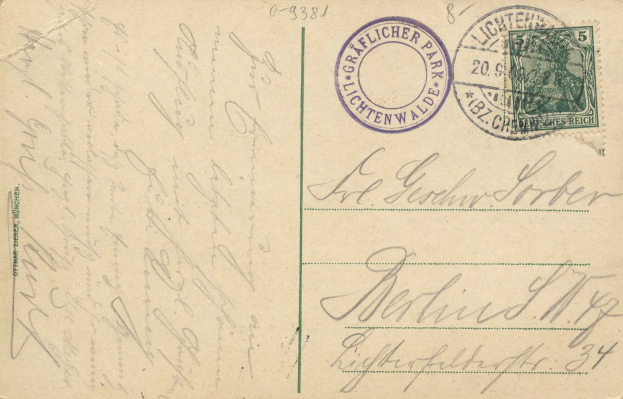 Eine alte Postkarte mit zwei Stempeln in der oberen rechten Ecke, adressiert an Lichtenwald, Deutschland, mit handgeschriebener Text.